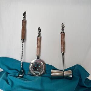 Vintage MCM Bar Set Seahorse Wood Stainless Steel Jigger Spoon Stainer Coastal